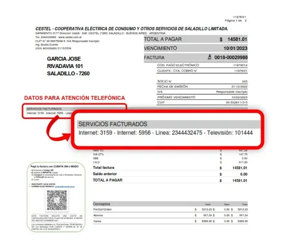 Ubicación del número de servicio en la factura de Cestel